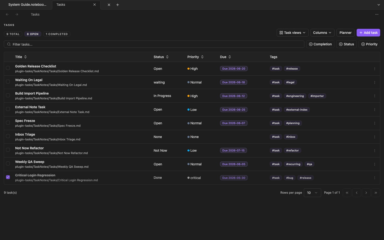 The Tasks view in Lapis Notes.