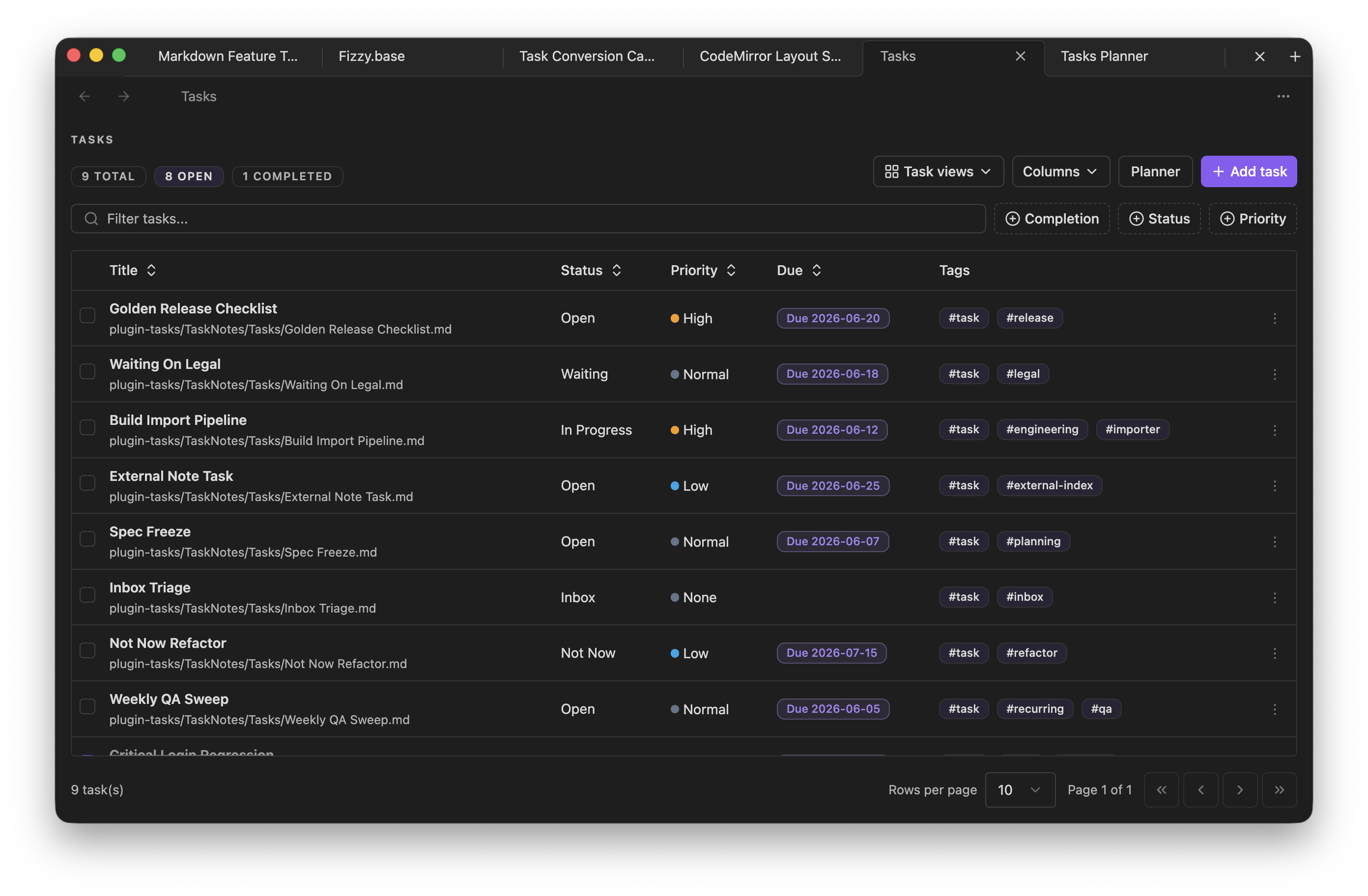 A Bases table view built from Markdown note properties inside the dark Lapis Notes workspace.