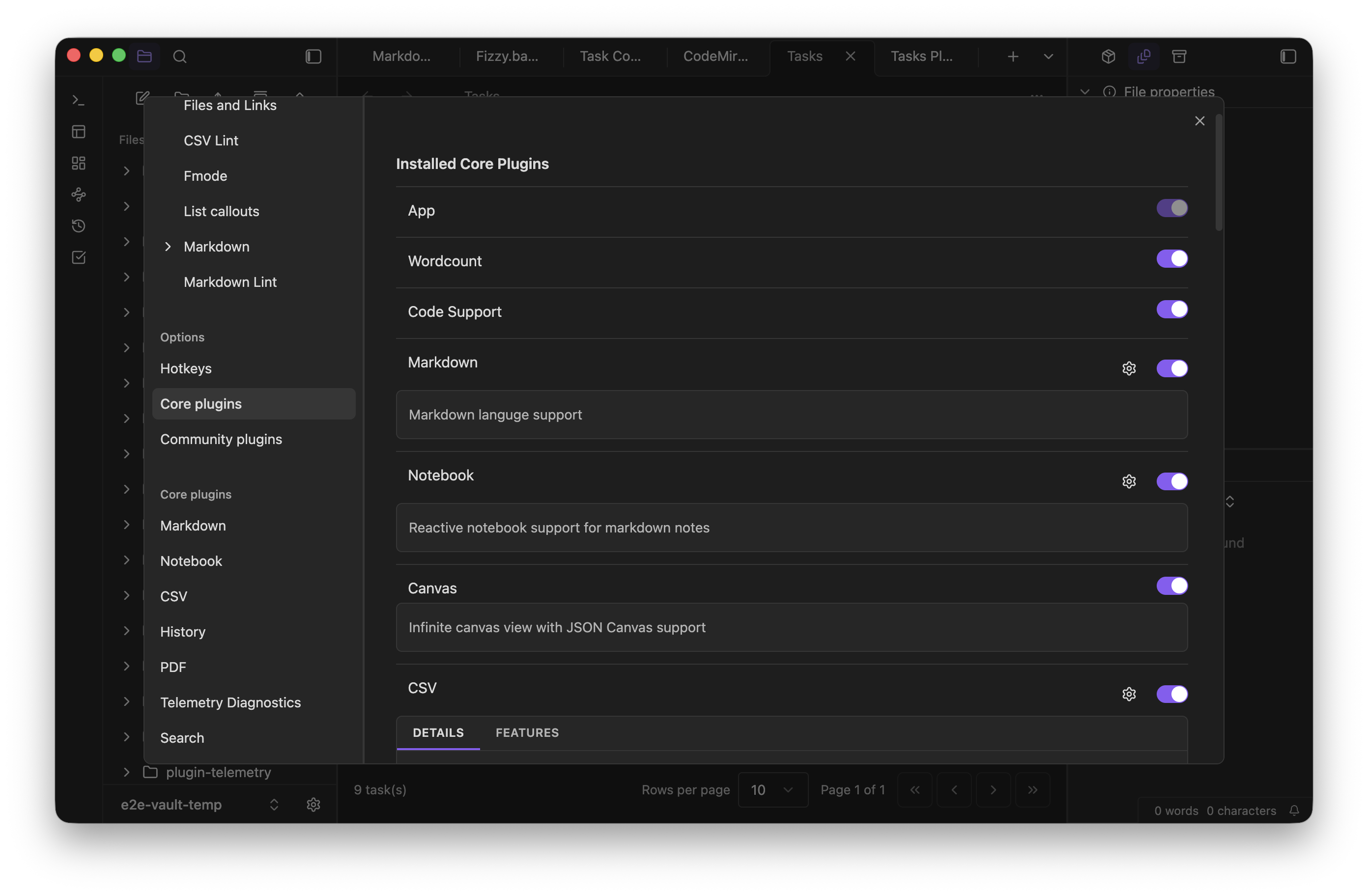 The core plugins settings screen in Lapis Notes.