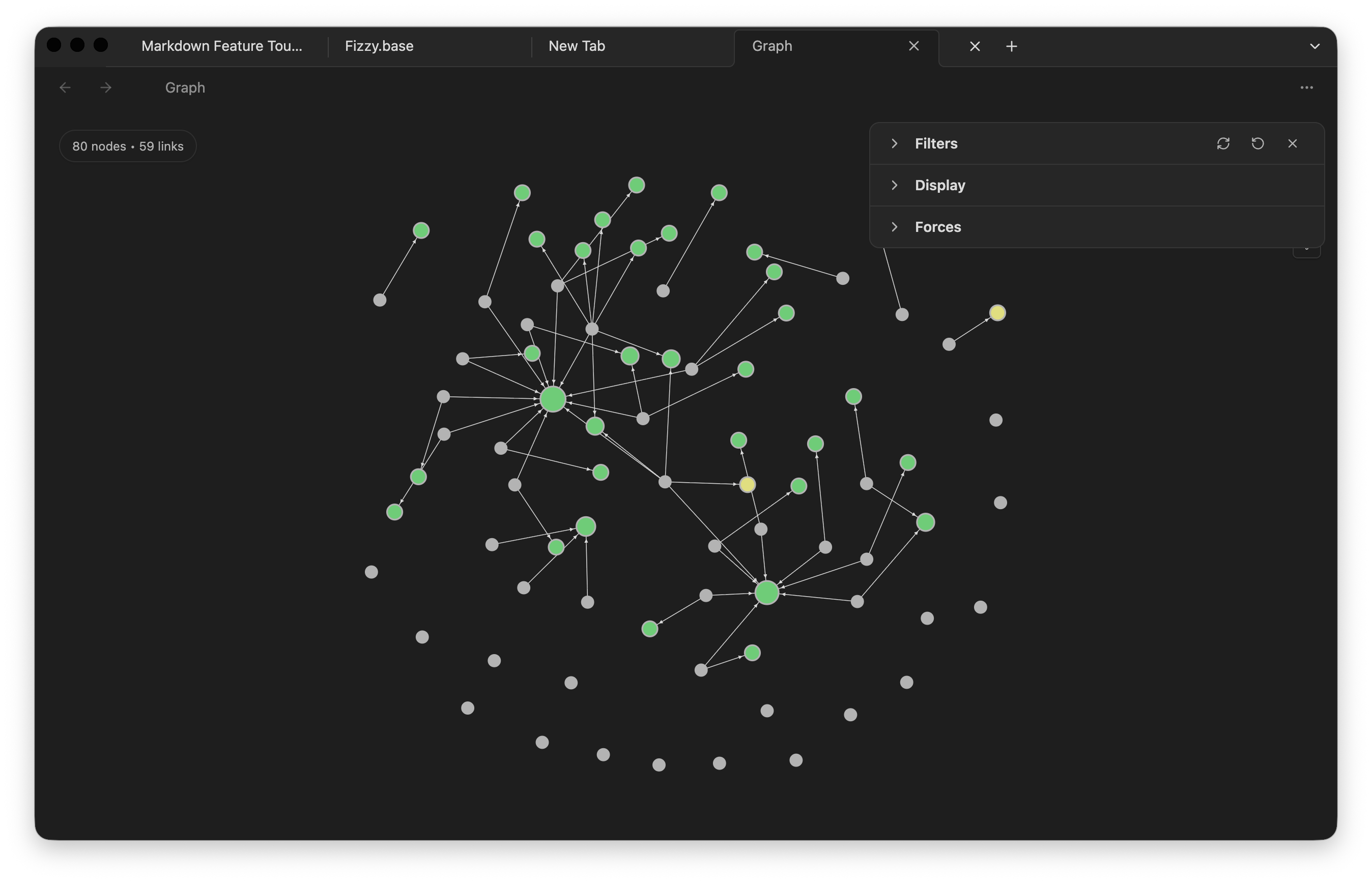 Graph view showing linked notes, tags, and unresolved references across a vault.