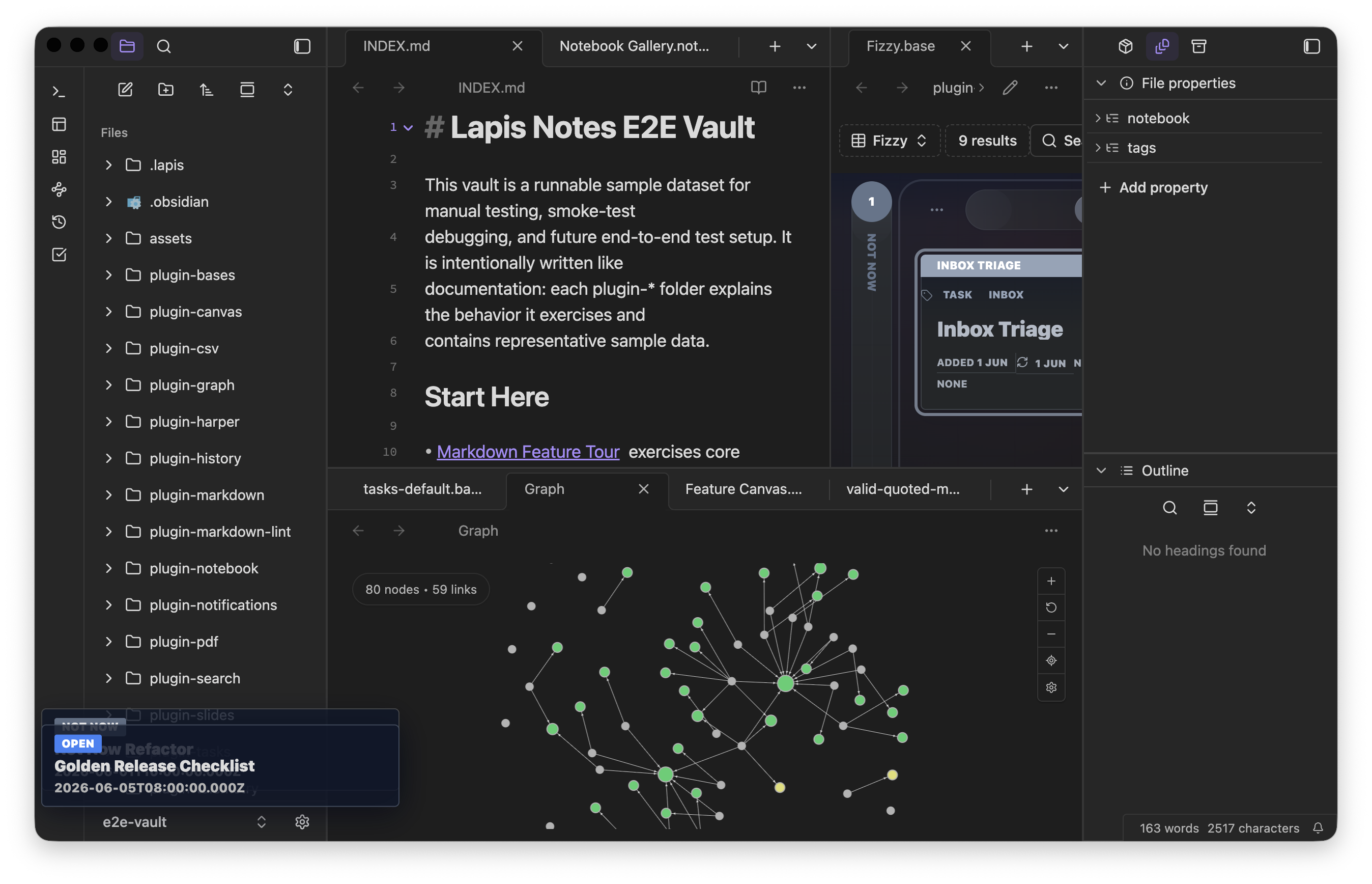 Dark Lapis Notes workspace with the file explorer beside a rendered note.